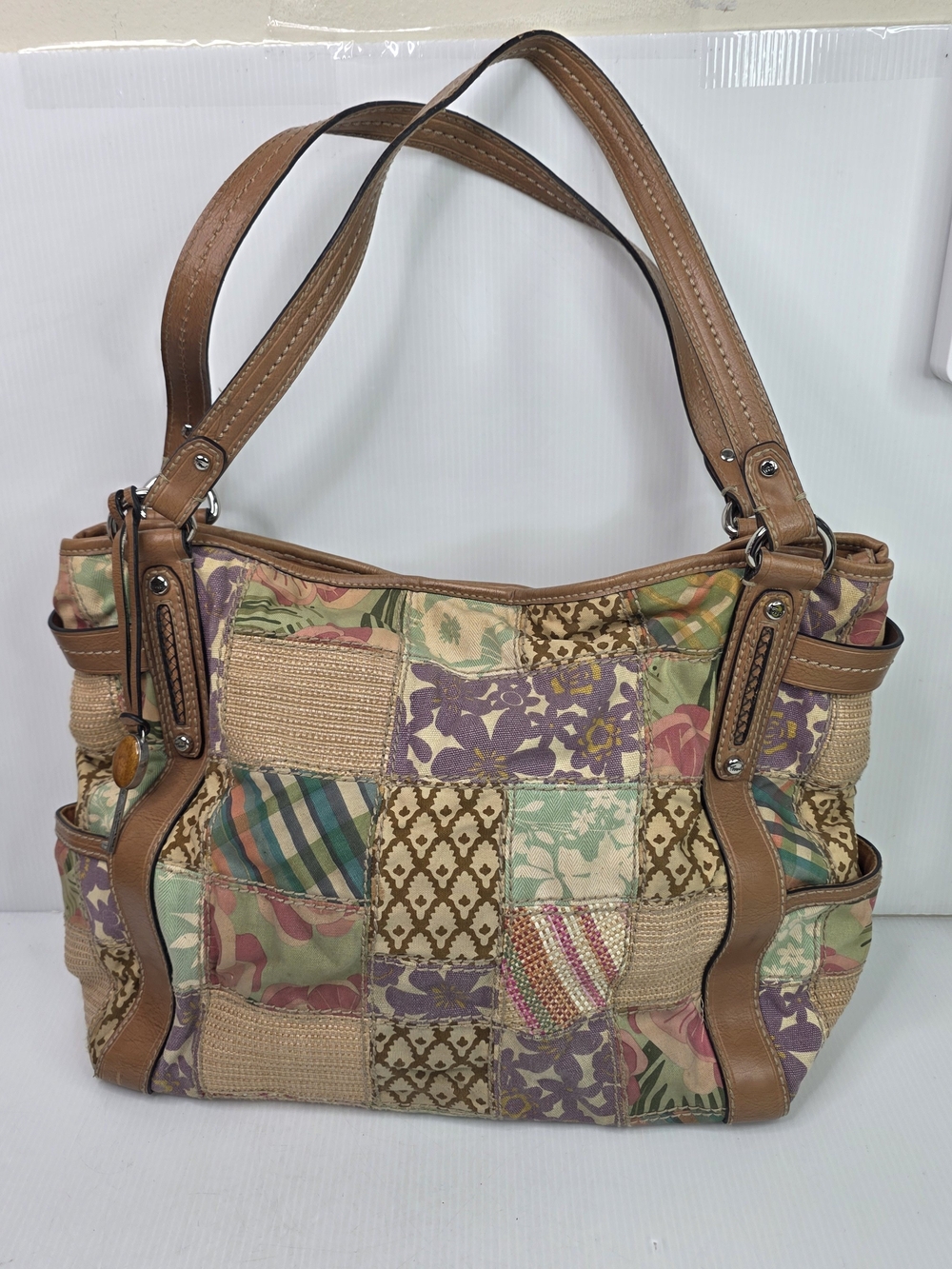 Fossil Patchwork Multi-Color Women’s Shoulder Bag - Tan Trim